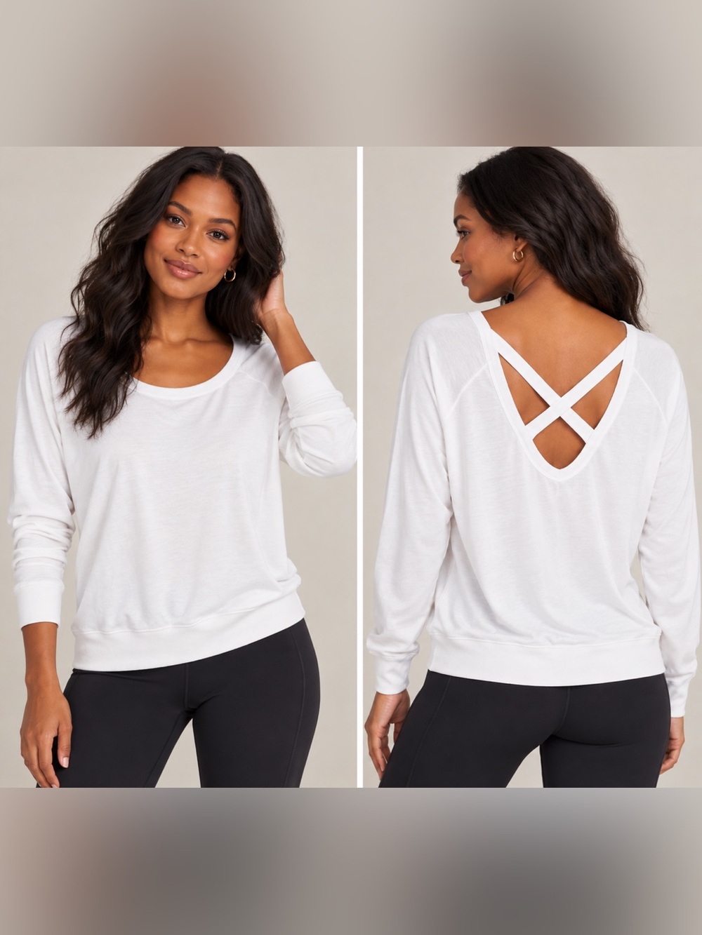 bobi White Long Sleeve Open Back Criss Cross Pullover Sweatshirt Top